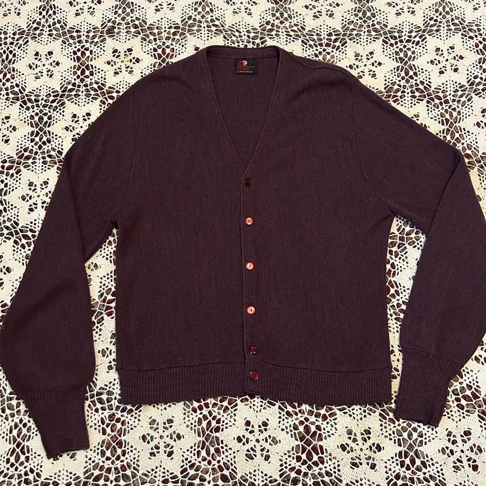 Vintage Arnold Palmer Men's V-Neck Button Cardigan Sweater - Dark Plum